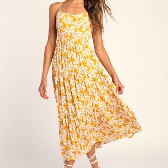 Lulus Catching Sunrays Mustard Yellow Floral Print Midi Dress - Size M - Picture 1 of 1